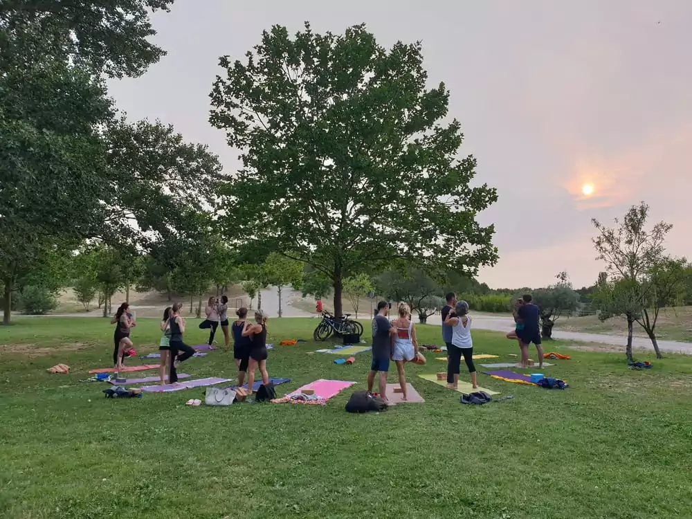 groupe de personnes en extérieur pratiquant le yoga